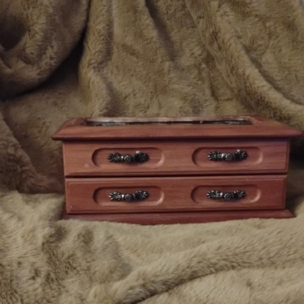 Vintage Stained Glass Wooden Jewelry Organizer with Drawers